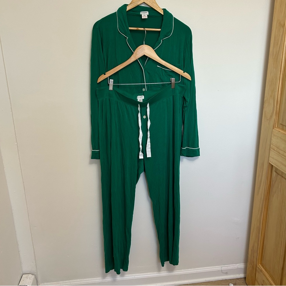 J. Crew Green White Longsleeve Top & Pant PJ Set Size XL - Picture 2 of 9